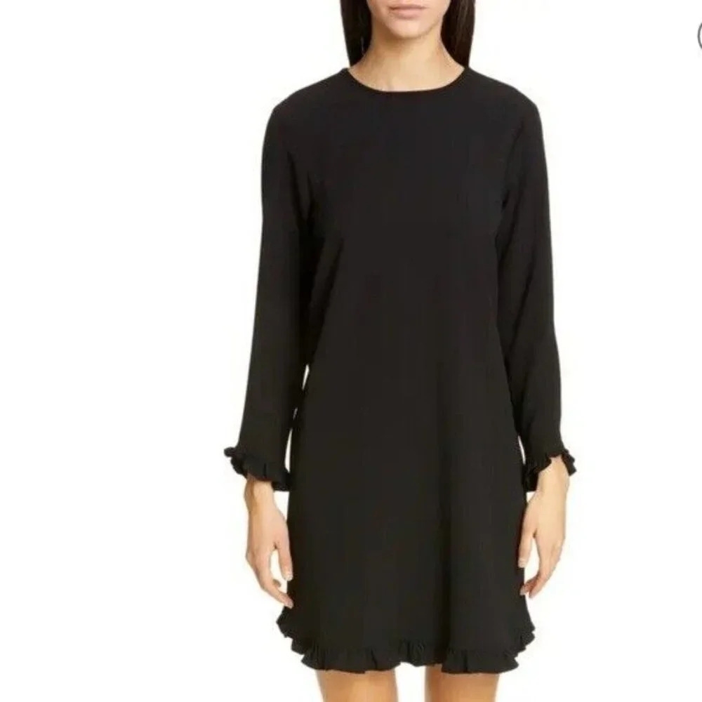NWT Ganni Dress Clark Ruffle Trim Mini Black Size XS